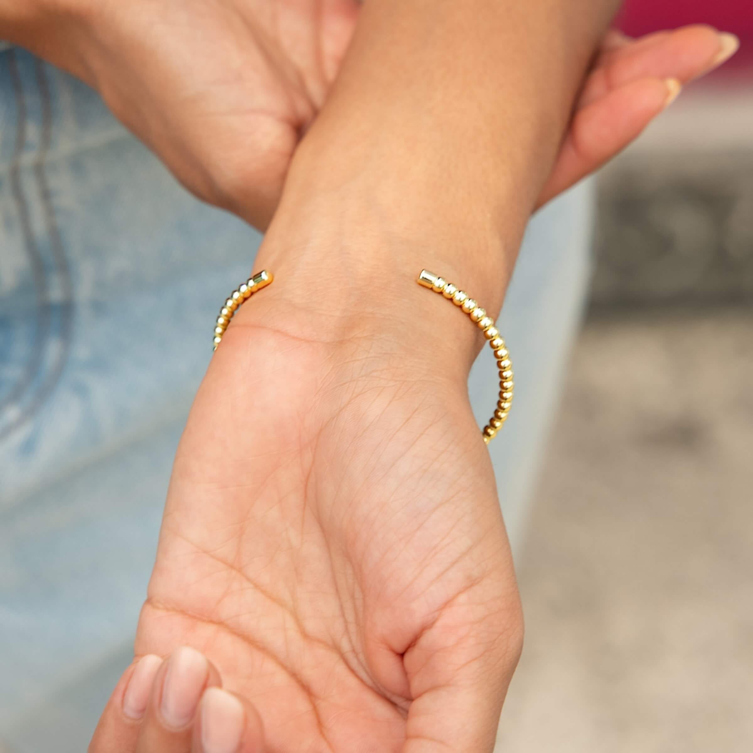 GLD Women Iced Heart Purple Bar Beaded Cuff Bracelet in Yellow Gold