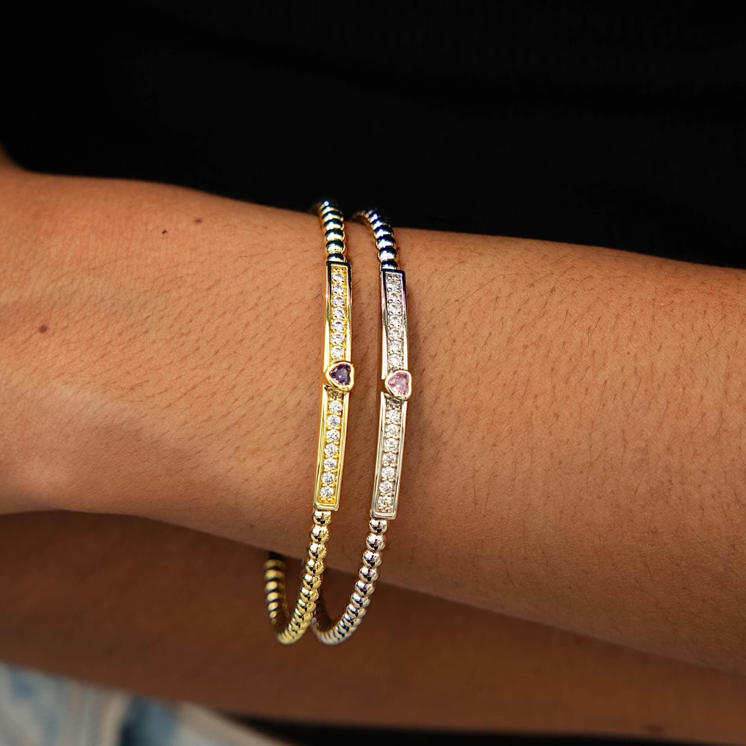 GLD Women Iced Heart Purple Bar Beaded Cuff Bracelet in Yellow Gold