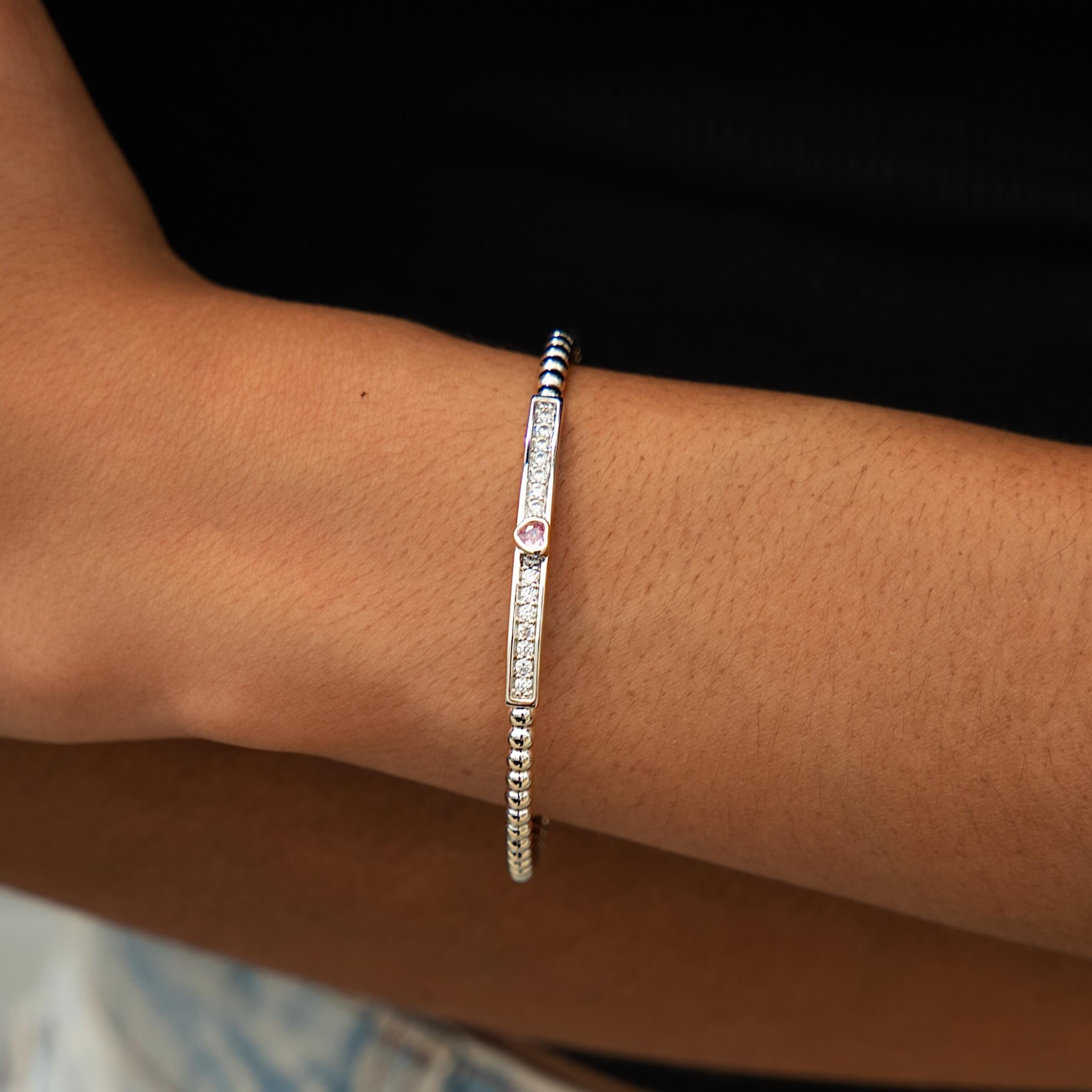 GLD Women Iced Heart Pink Bar Beaded Cuff Bracelet in White Gold