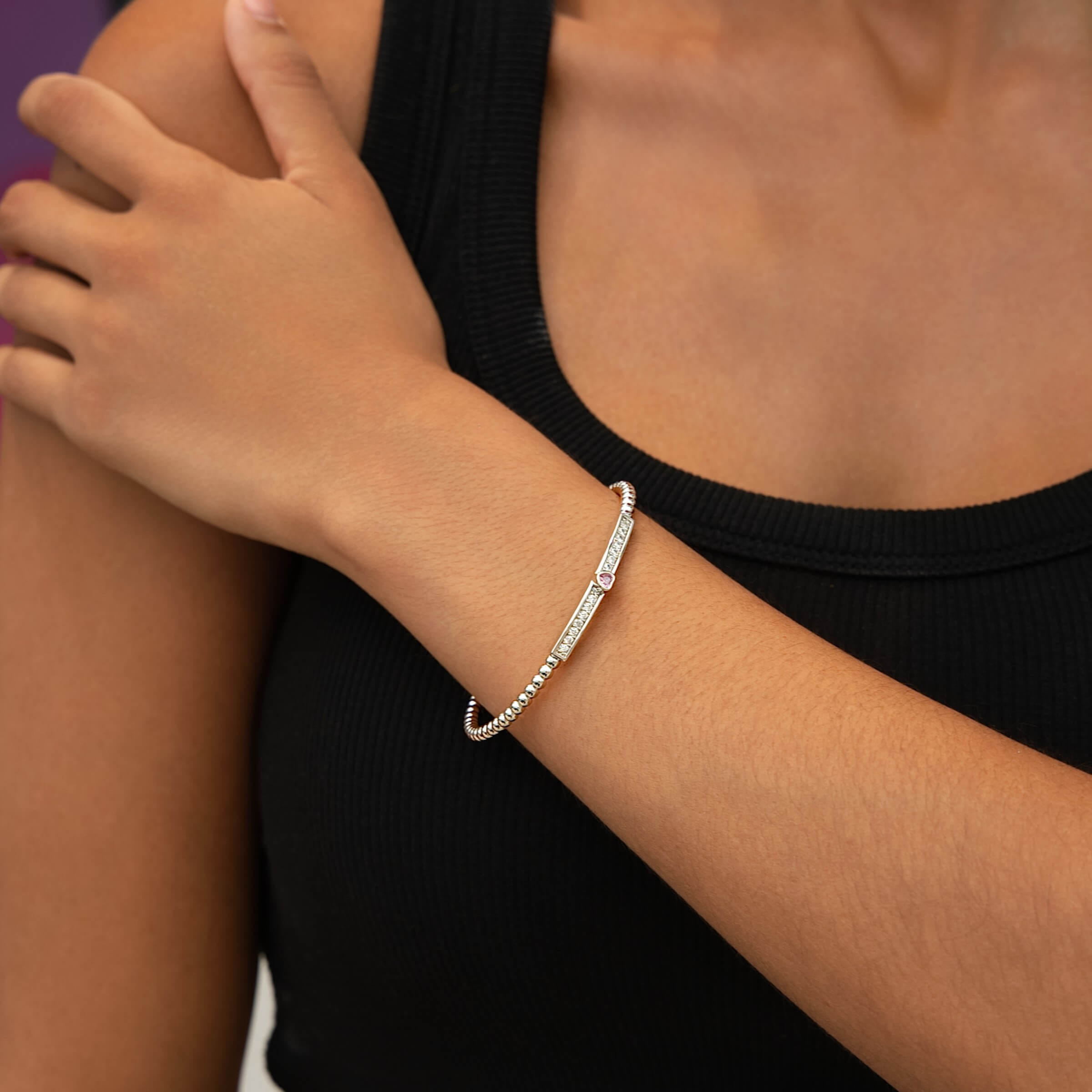 GLD Women Iced Heart Pink Bar Beaded Cuff Bracelet in White Gold