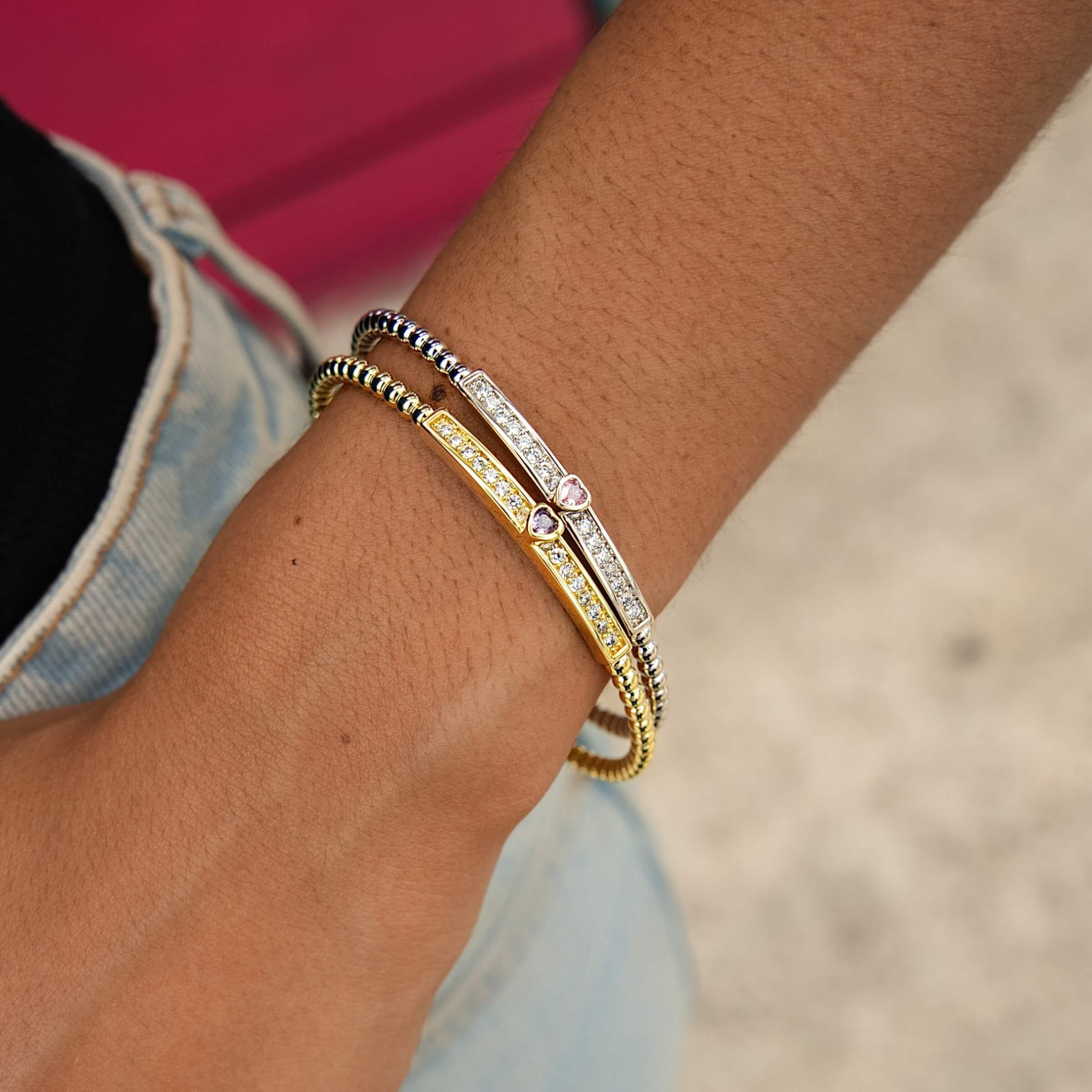 GLD Women Iced Heart Pink Bar Beaded Cuff Bracelet in White Gold