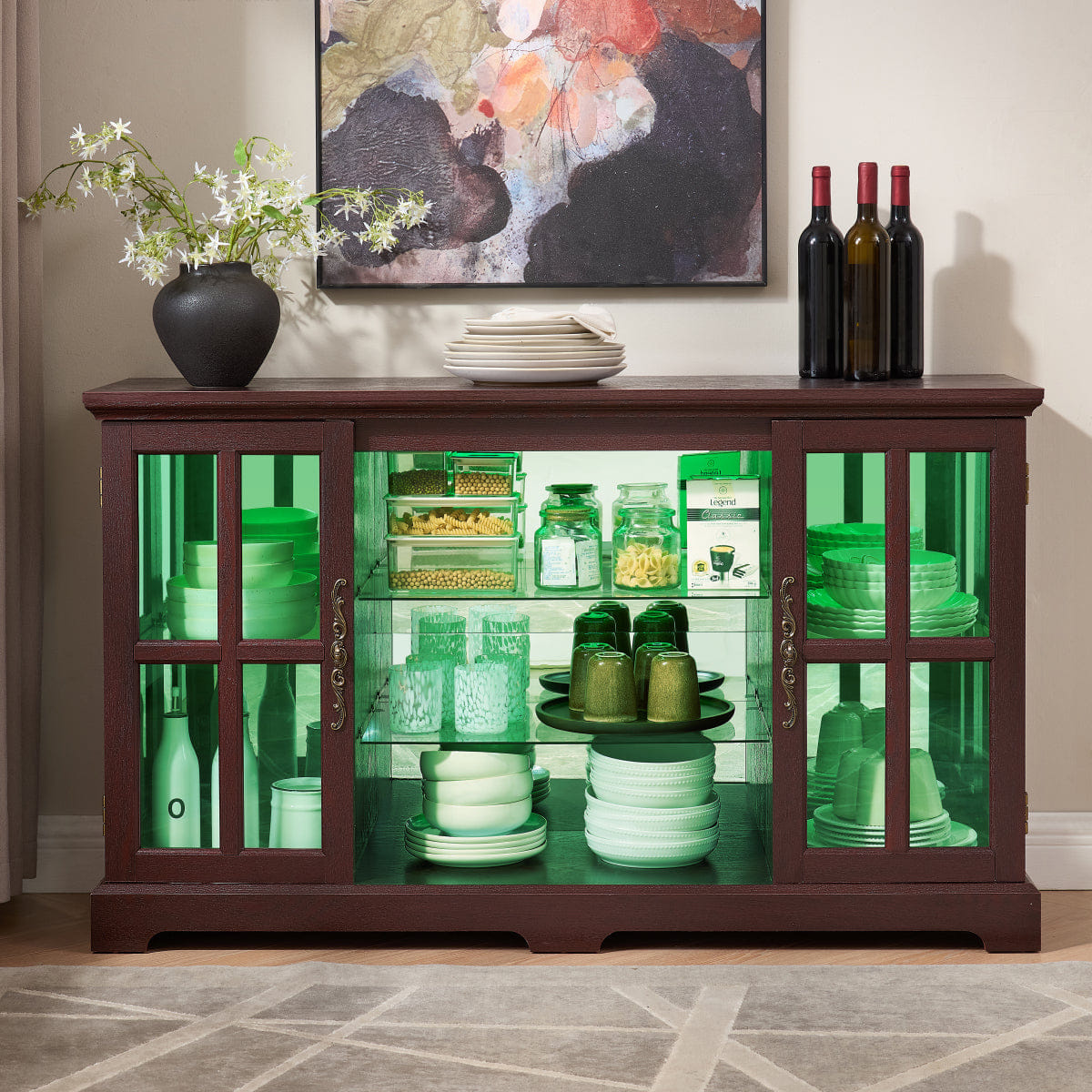 Vintage Streamdale 2 - Tier Glass Door Cabinet with RGB Lights & Vintage Handles, Dark Cherry