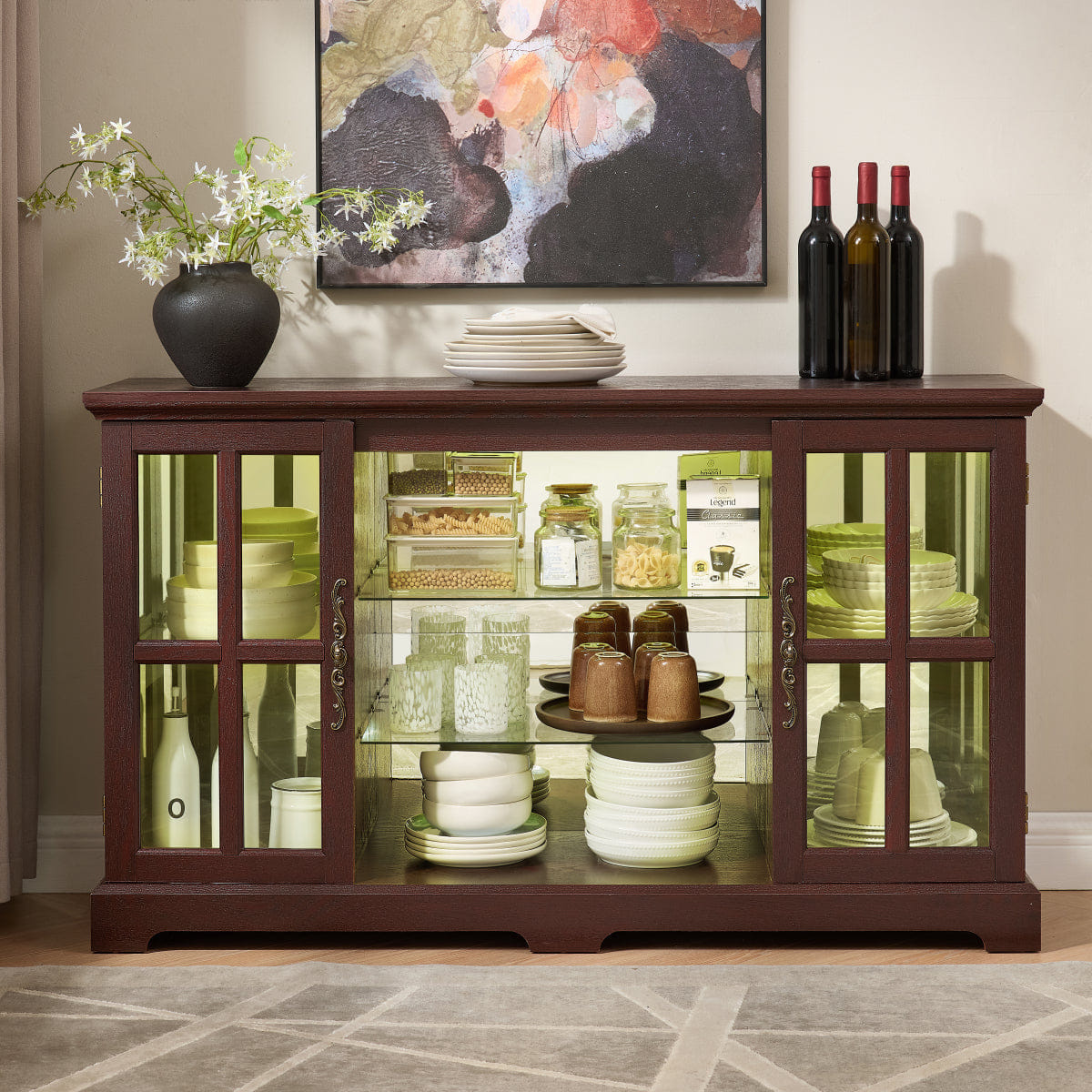 Vintage Streamdale 2 - Tier Glass Door Cabinet with RGB Lights & Vintage Handles, Dark Cherry