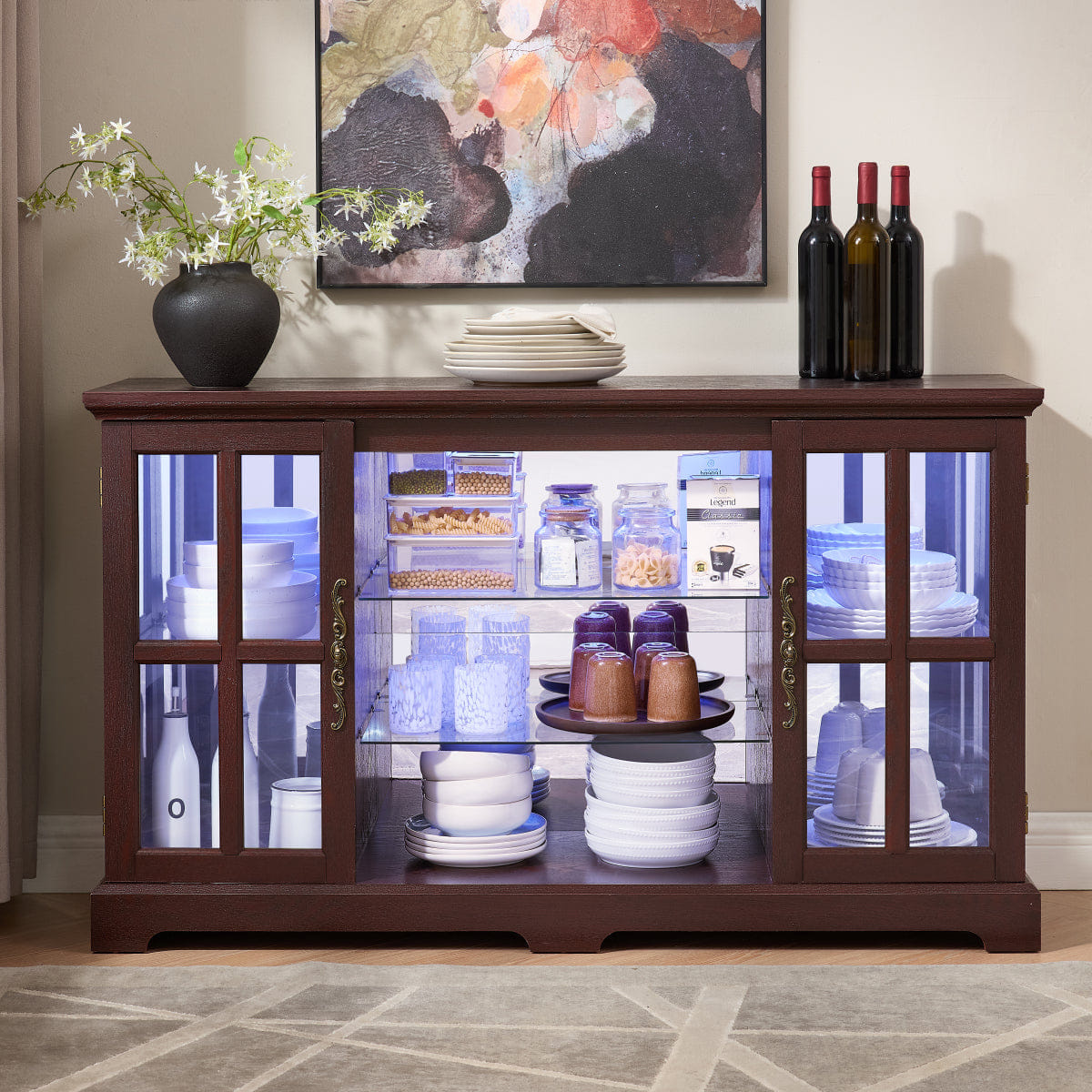 Vintage Streamdale 2 - Tier Glass Door Cabinet with RGB Lights & Vintage Handles, Dark Cherry