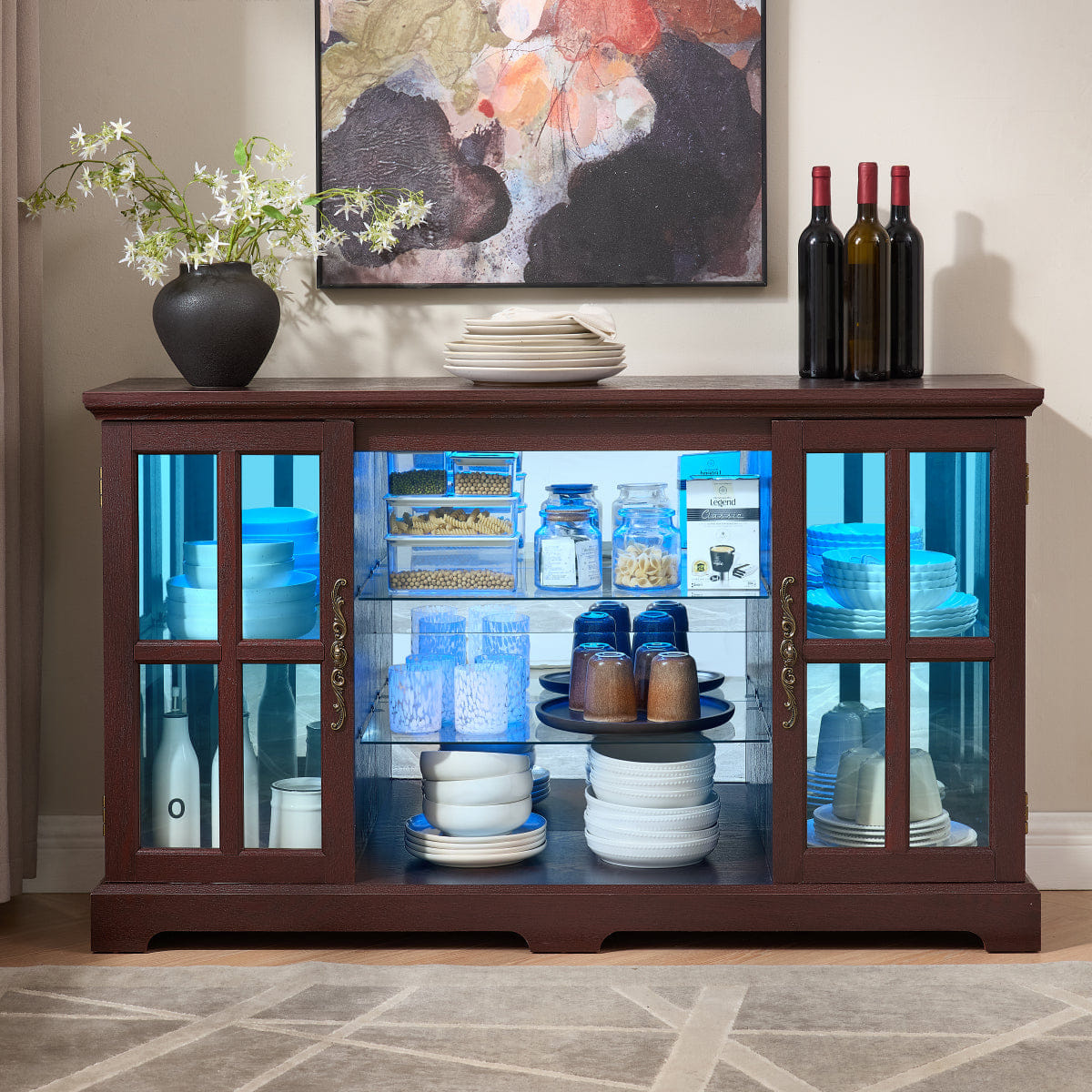 Vintage Streamdale 2 - Tier Glass Door Cabinet with RGB Lights & Vintage Handles, Dark Cherry