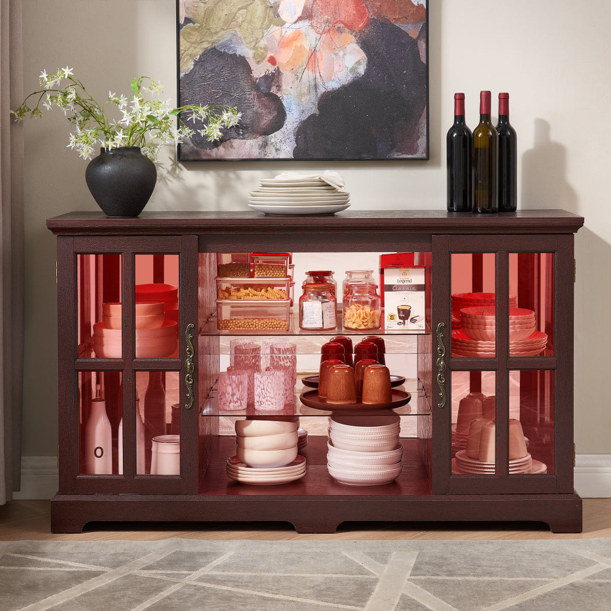 Vintage Streamdale 2 - Tier Glass Door Cabinet with RGB Lights & Vintage Handles, Dark Cherry