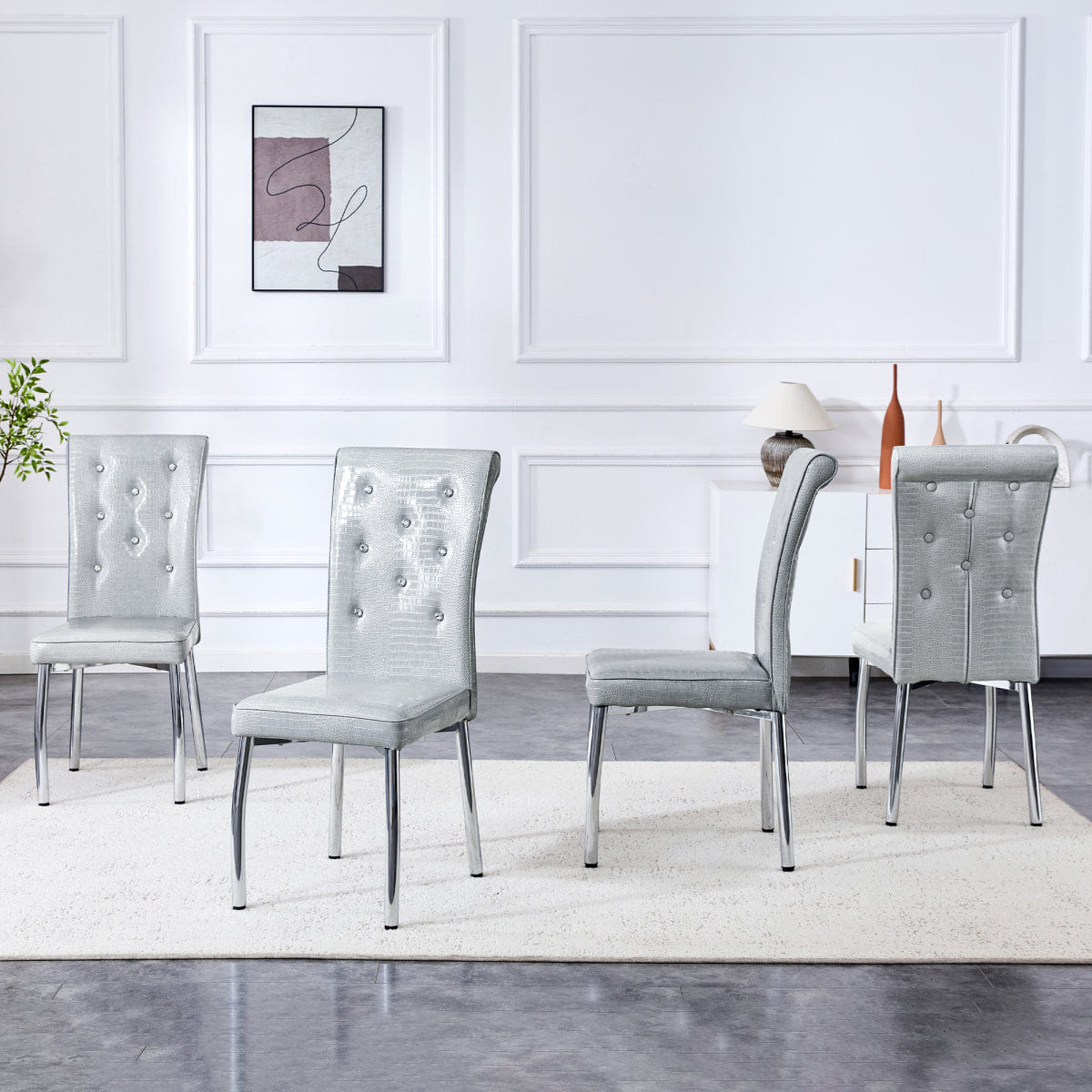 Vintage Streamdale 4 - Pc Vintage Crocodile Leather Cushioned Dining Chairs, Gray/Silver