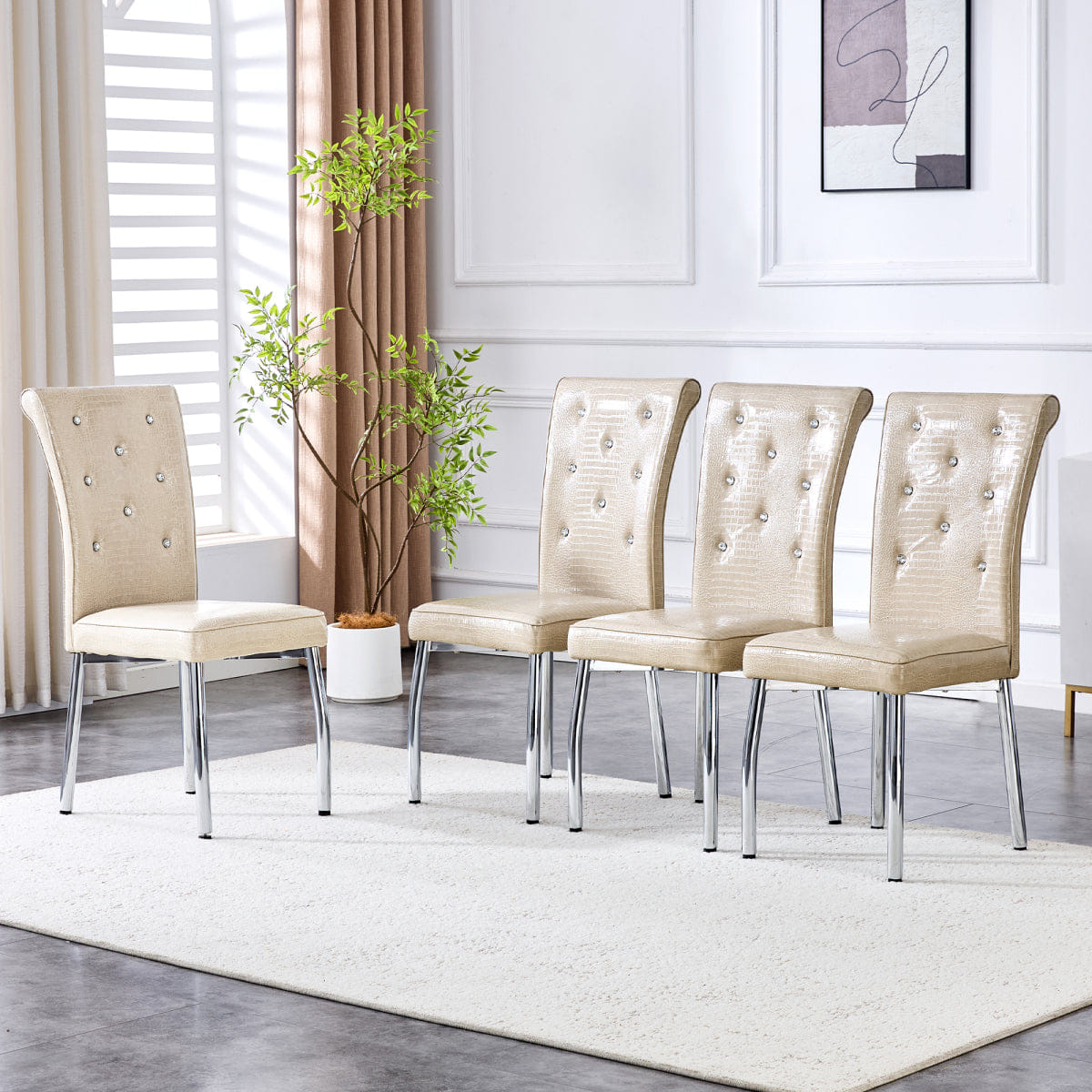 Vintage Streamdale 4 - Pc Vintage Crocodile Leather Cushioned Dining Chairs, Beige & Silver