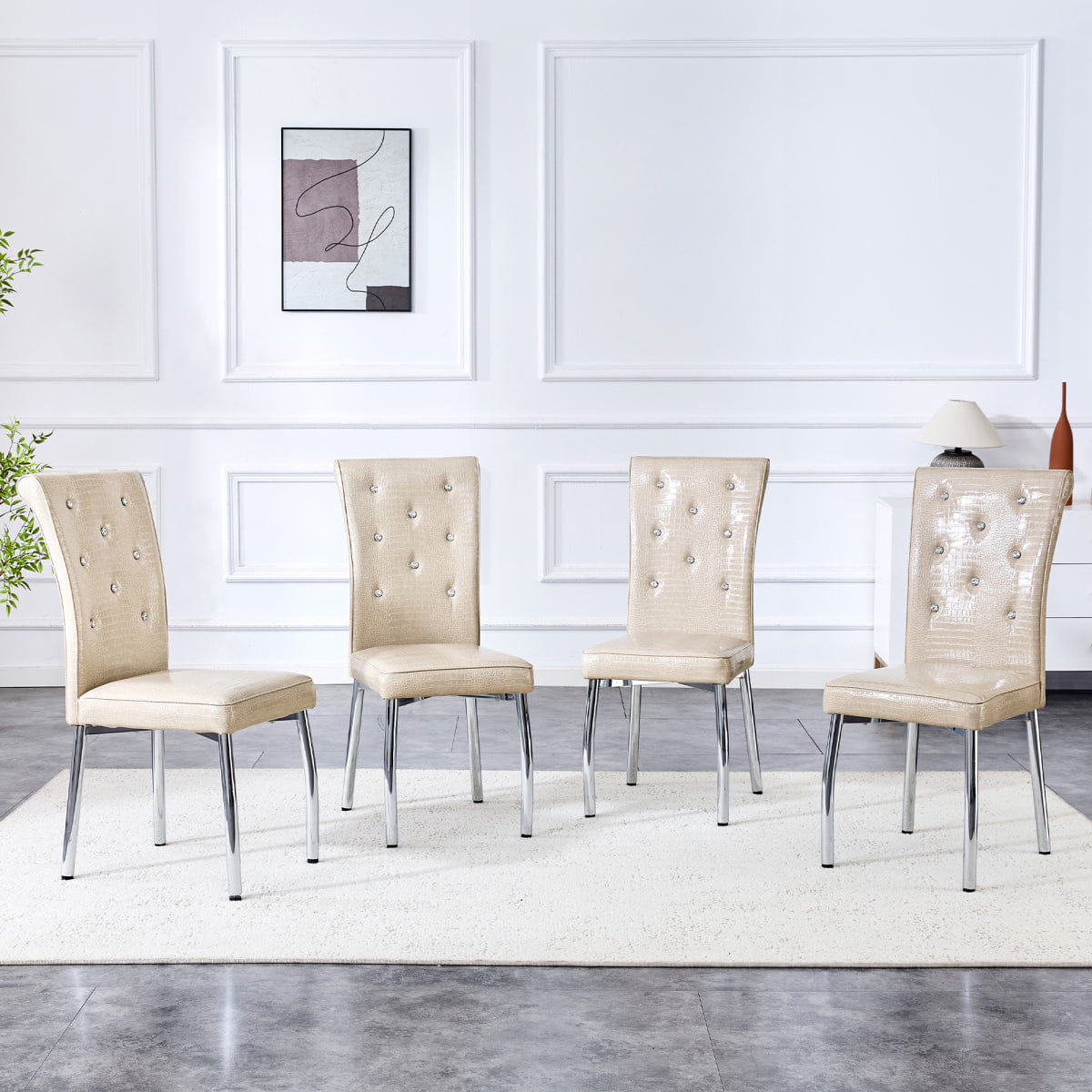 Vintage Streamdale 4 - Pc Vintage Crocodile Leather Cushioned Dining Chairs, Beige & Silver