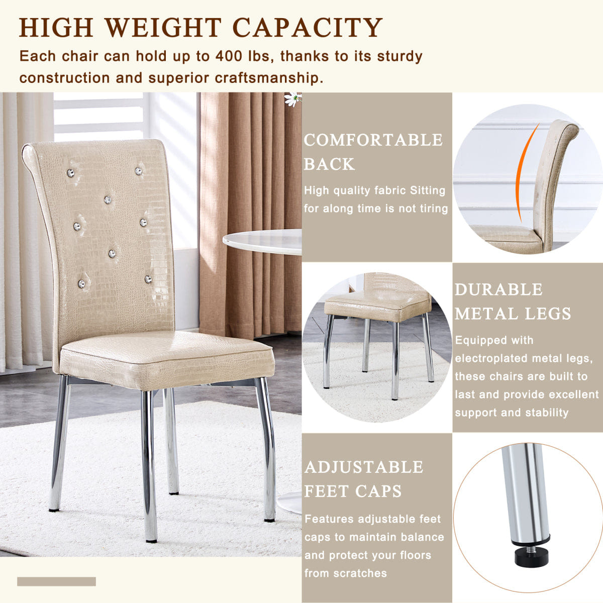 Vintage Streamdale 4 - Pc Vintage Crocodile Leather Cushioned Dining Chairs, Beige & Silver