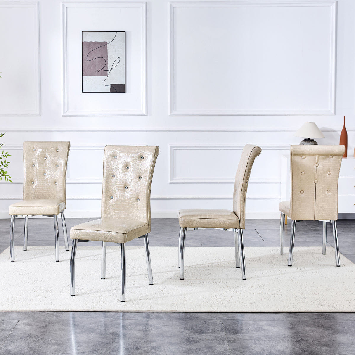 Vintage Streamdale 4 - Pc Vintage Crocodile Leather Cushioned Dining Chairs, Beige & Silver
