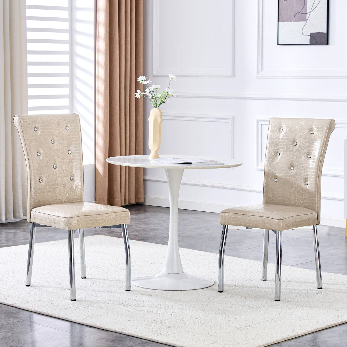 Vintage Streamdale 4 - Pc Vintage Crocodile Leather Cushioned Dining Chairs, Beige & Silver