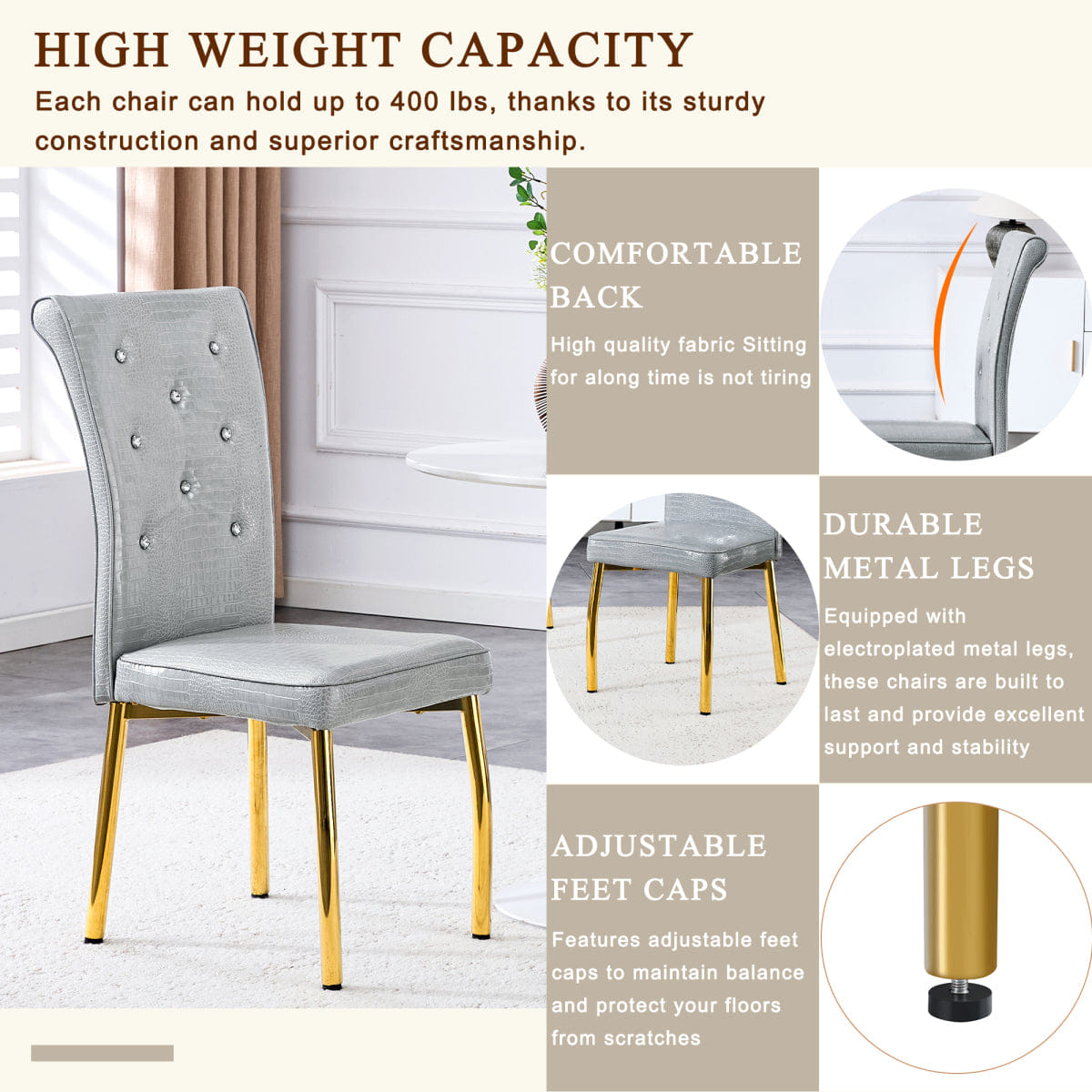 Vintage Streamdale 4 - Piece Gray & Gold Vintage Crocodile Leather Crystal - Clasp Dining Chairs