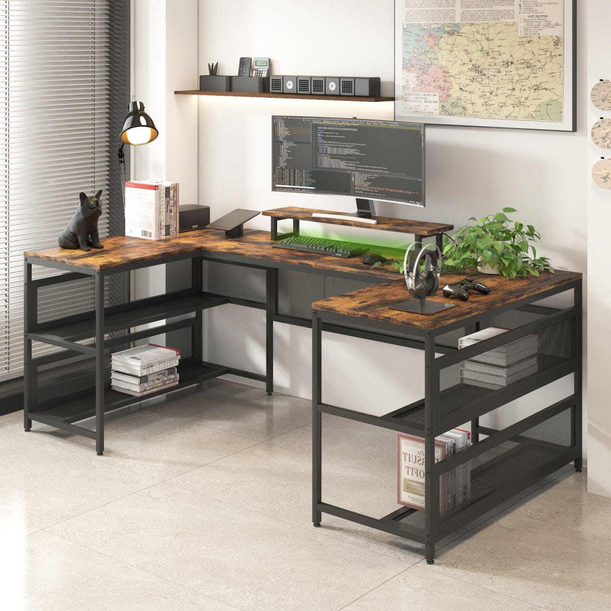 Vintage Streamdale U - Shaped Desk with Power Outlet, LED Strip & Monitor Stand, Vintage
