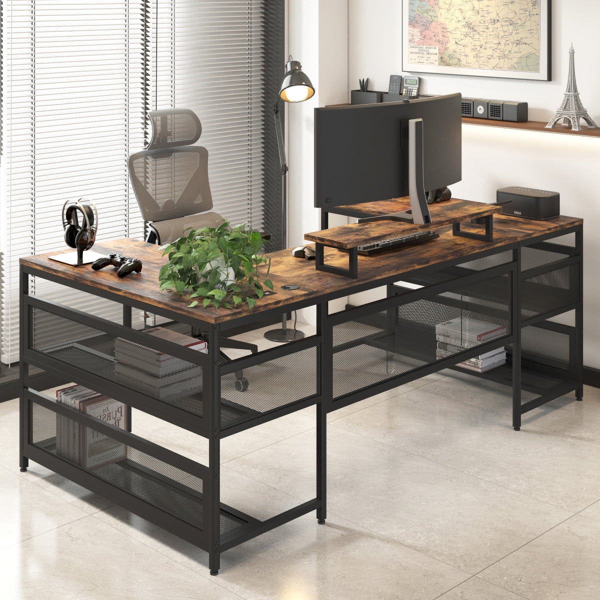 Vintage Streamdale U - Shaped Desk with Power Outlet, LED Strip & Monitor Stand, Vintage