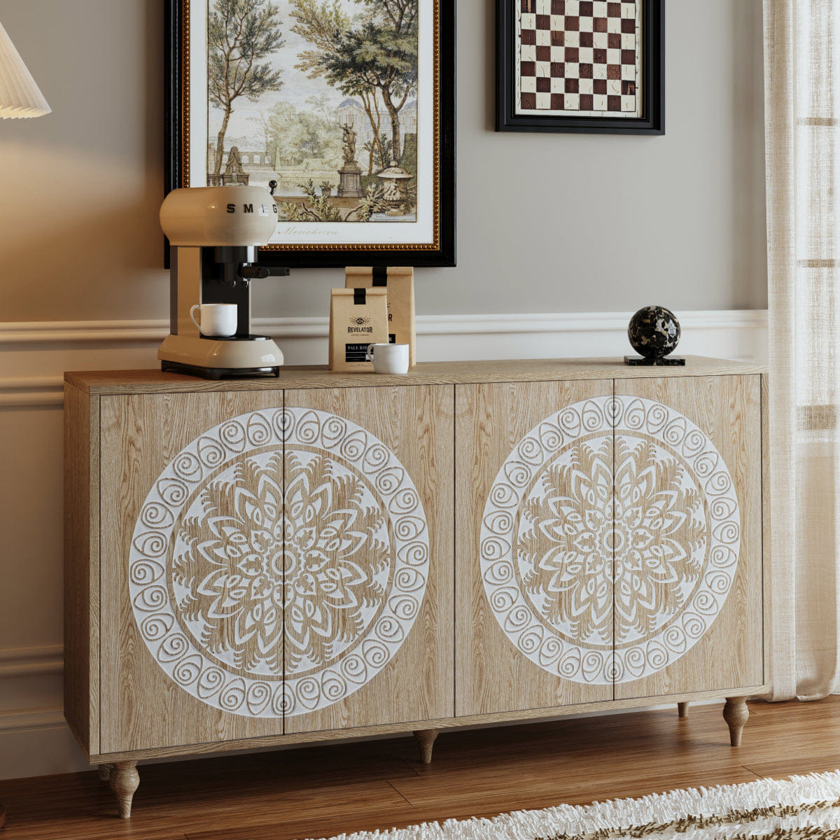 Vintage Streamdale 60" Vintage Mandala Carved Oak Grain 4 - Door Boho Sideboard Cabinet