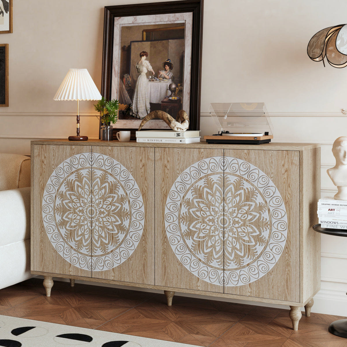 Vintage Streamdale 60" Vintage Mandala Carved Oak Grain 4 - Door Boho Sideboard Cabinet
