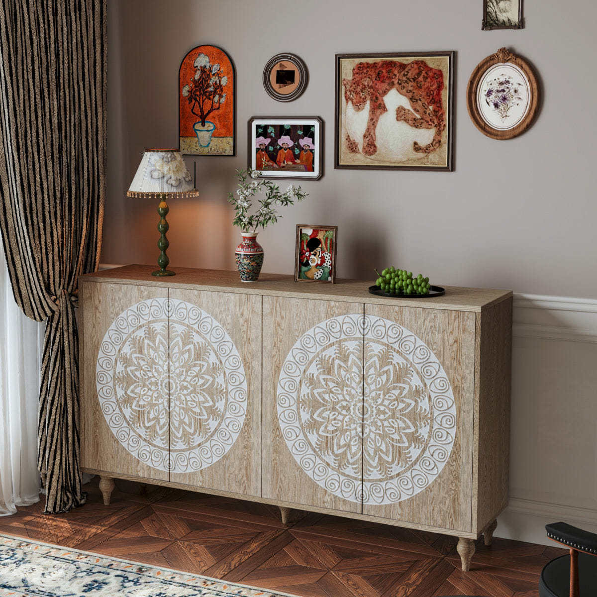 Vintage Streamdale 60" Vintage Mandala Carved Oak Grain 4 - Door Boho Sideboard Cabinet