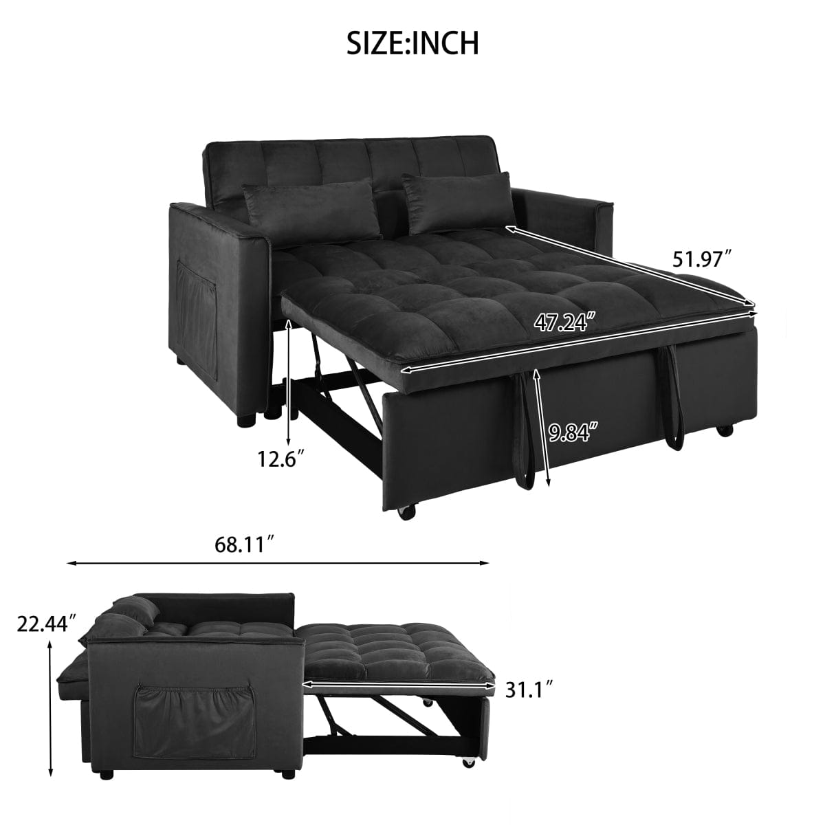 Sleeper Streamdale Velvet Convertible Sleeper Sofa Bed with Adjustable Backrest and Storage Pockets
