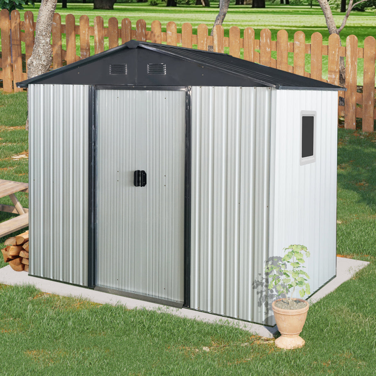 OUTDOOR Streamdale 8ft x 4ft Outdoor Metal Storage Shed with Window - White/Black