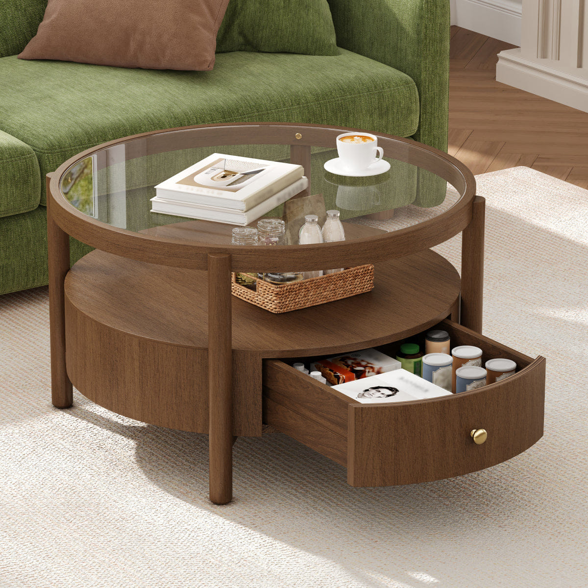 Drawer Streamdale Solid Wood Round Glass Top Coffee Table with Storage Drawer, Walnut