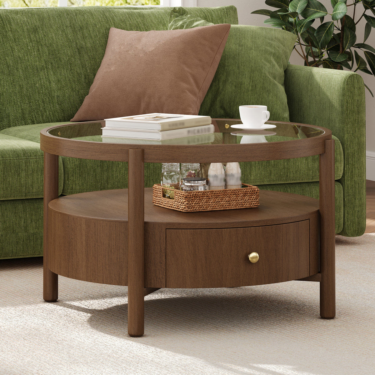 Drawer Streamdale Solid Wood Round Glass Top Coffee Table with Storage Drawer, Walnut