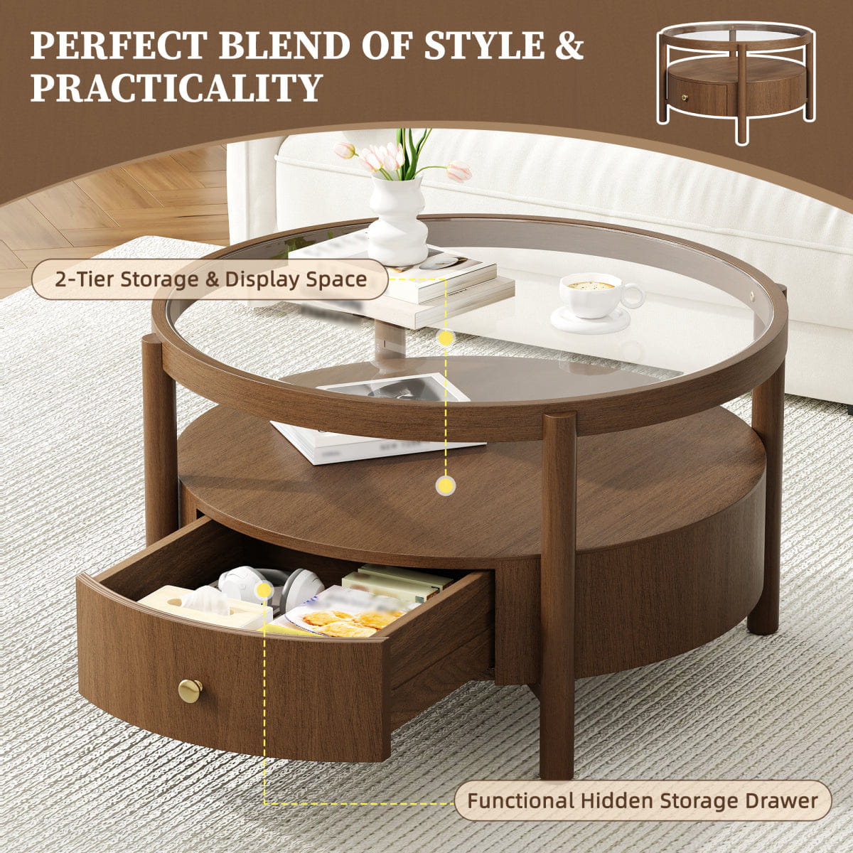 Drawer Streamdale Solid Wood Round Glass Top Coffee Table with Storage Drawer, Walnut