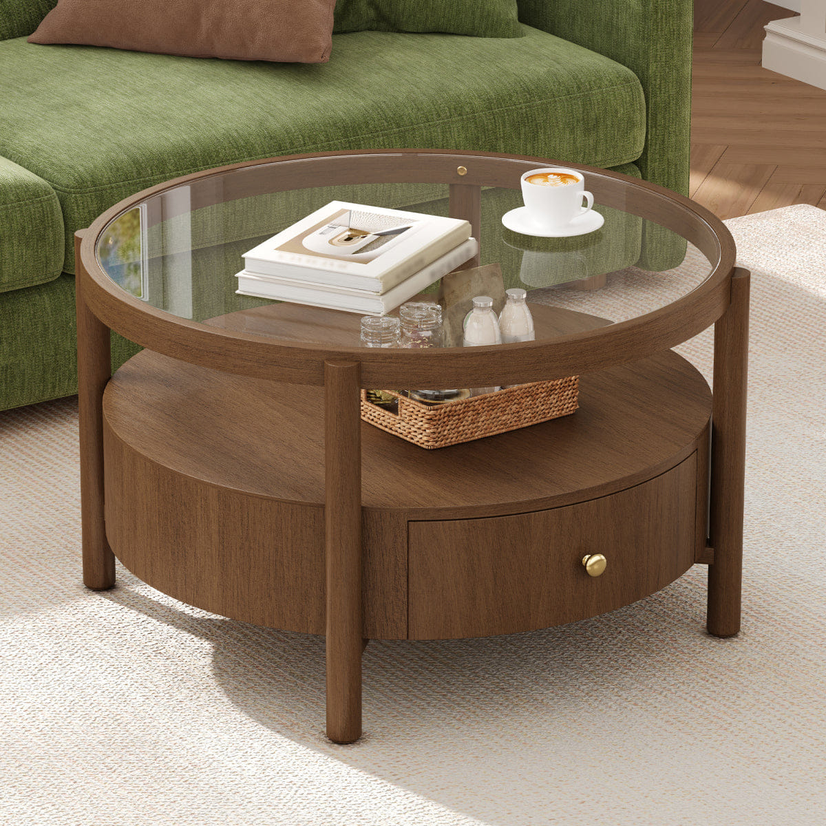 Drawer Streamdale Solid Wood Round Glass Top Coffee Table with Storage Drawer, Walnut