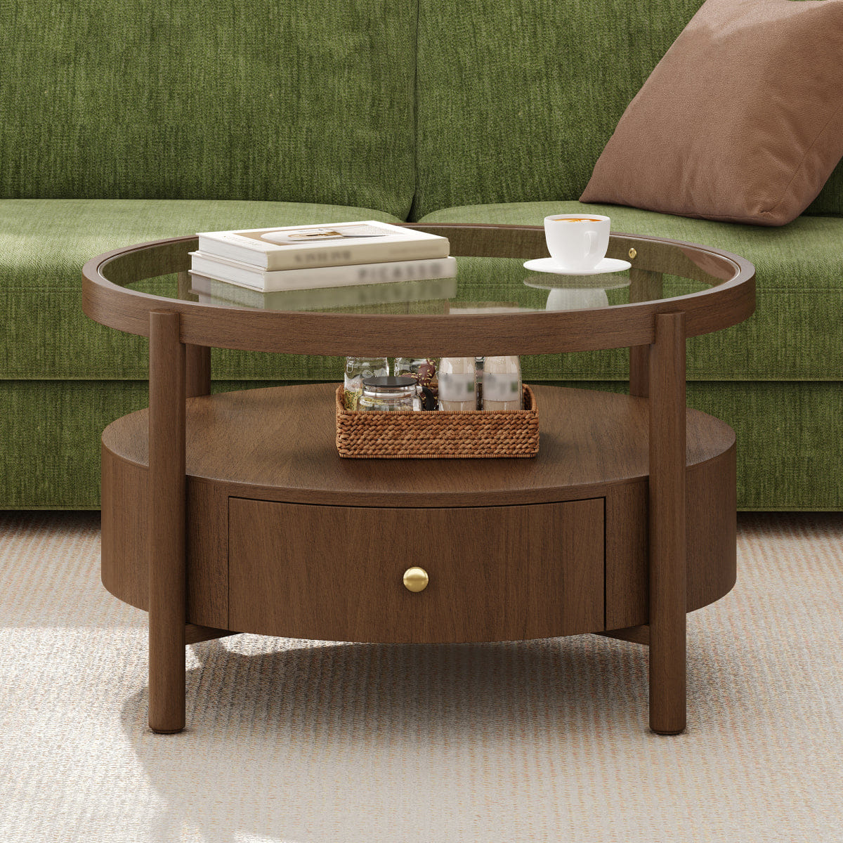 Drawer Streamdale Solid Wood Round Glass Top Coffee Table with Storage Drawer, Walnut