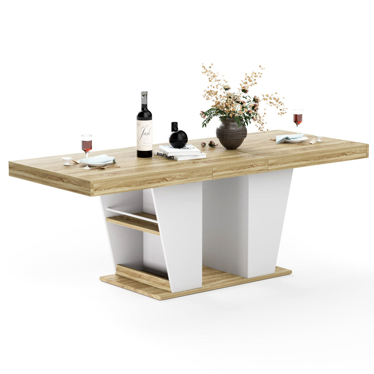 WHITE* Streamdale Rustic Extendable Dining Table with Storage Shelves, Natural/White