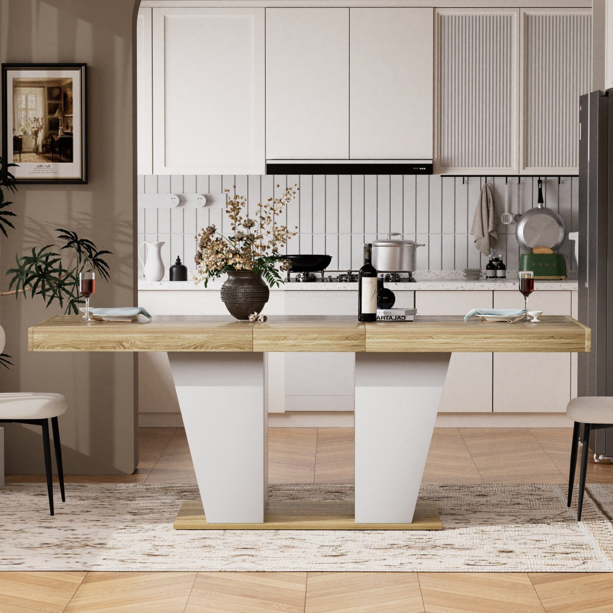 WHITE* Streamdale Rustic Extendable Dining Table with Storage Shelves, Natural/White