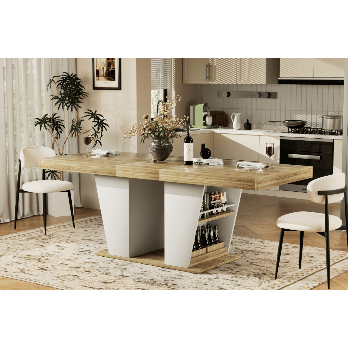 WHITE* Streamdale Rustic Extendable Dining Table with Storage Shelves, Natural/White