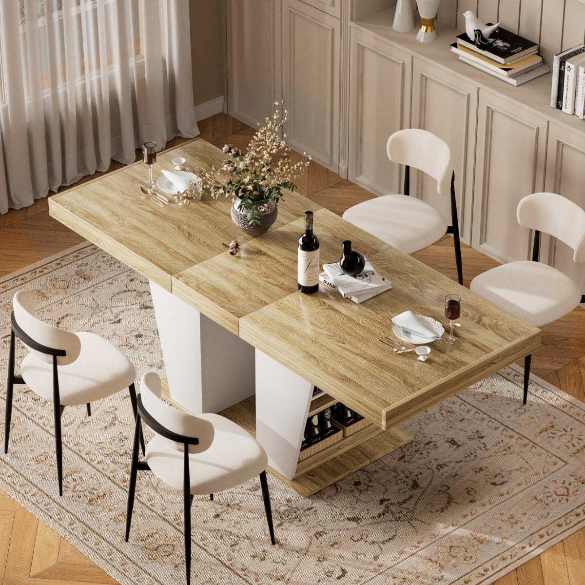 WHITE* Streamdale Rustic Extendable Dining Table with Storage Shelves, Natural/White