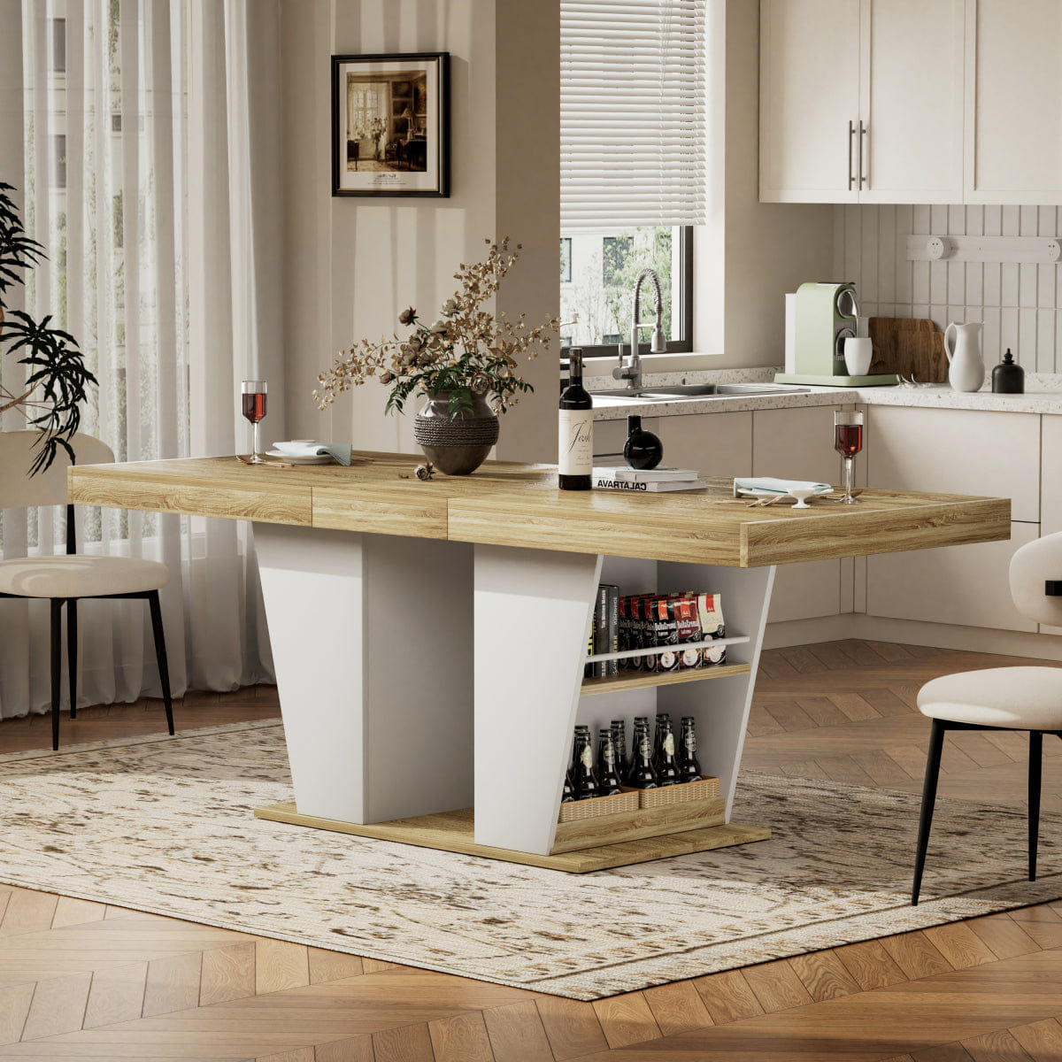 WHITE* Streamdale Rustic Extendable Dining Table with Storage Shelves, Natural/White