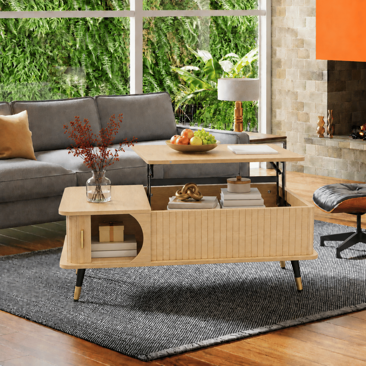 Hidden Streamdale Wood Lift Top Coffee Table with Hidden Compartment and Storage Shelf, Natural