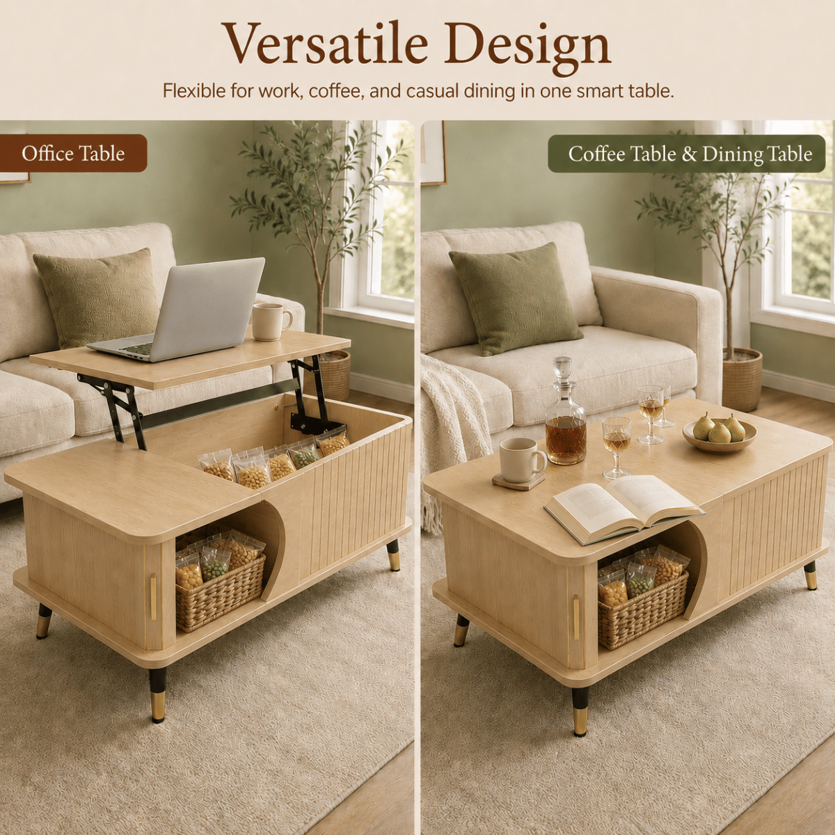 Hidden Streamdale Wood Lift Top Coffee Table with Hidden Compartment and Storage Shelf, Natural