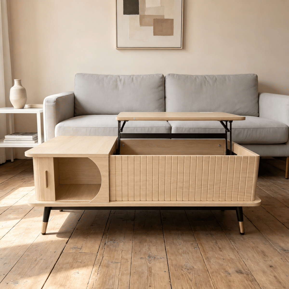Hidden Streamdale Wood Lift Top Coffee Table with Hidden Compartment and Storage Shelf, Natural