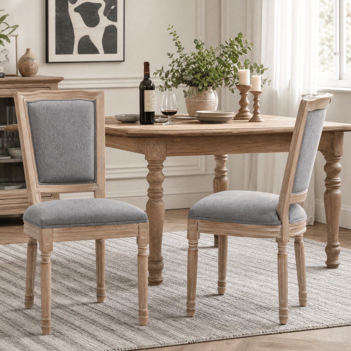 !SOLID Streamdale Farmhouse Solid Wood Dining Chairs, Cushioned Linen Seat, Grey, Set of 2
