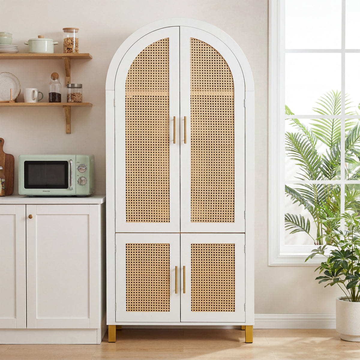 WHITE* Streamdale 71" Arched Rattan Storage Cabinet with Shelves, White