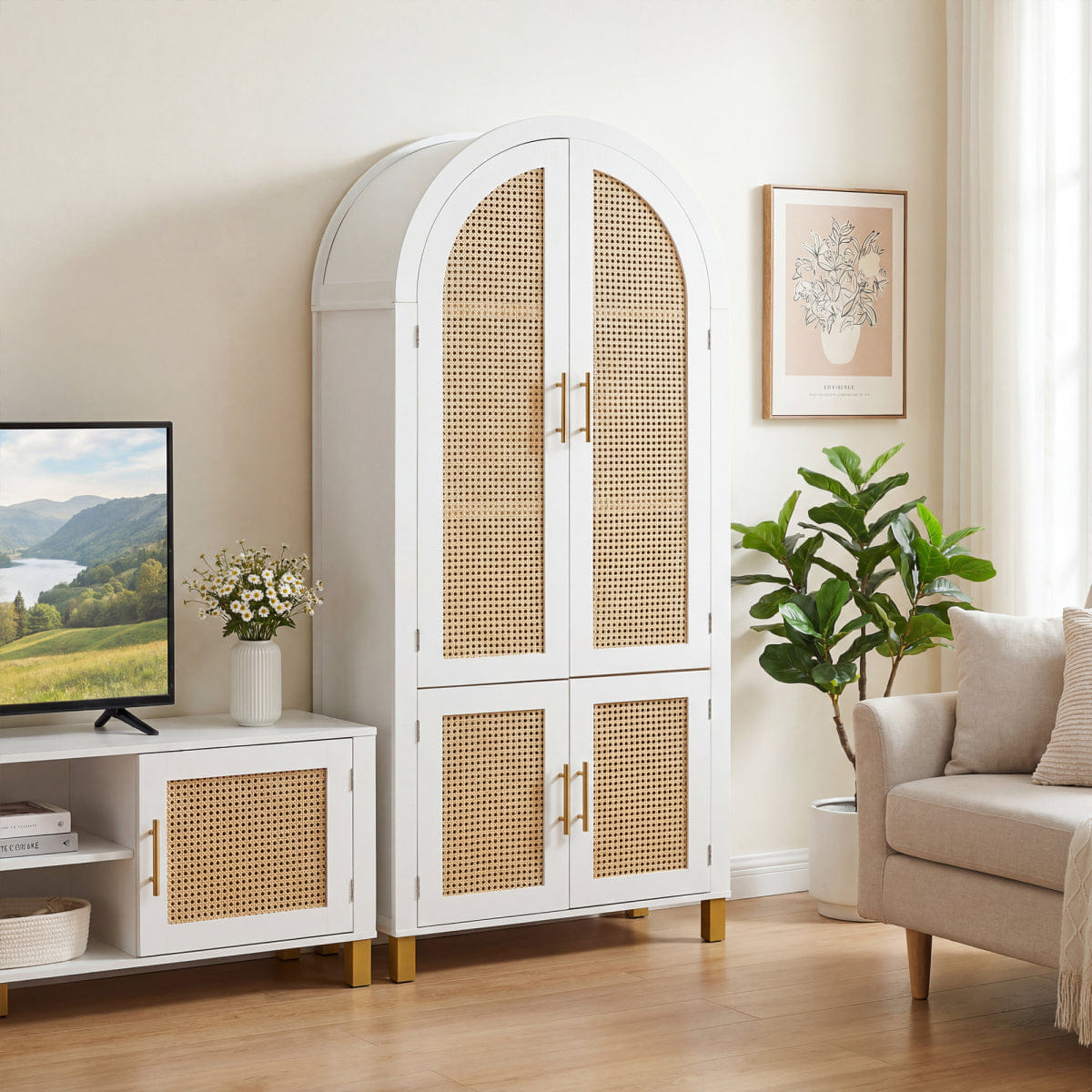 WHITE* Streamdale 71" Arched Rattan Storage Cabinet with Shelves, White