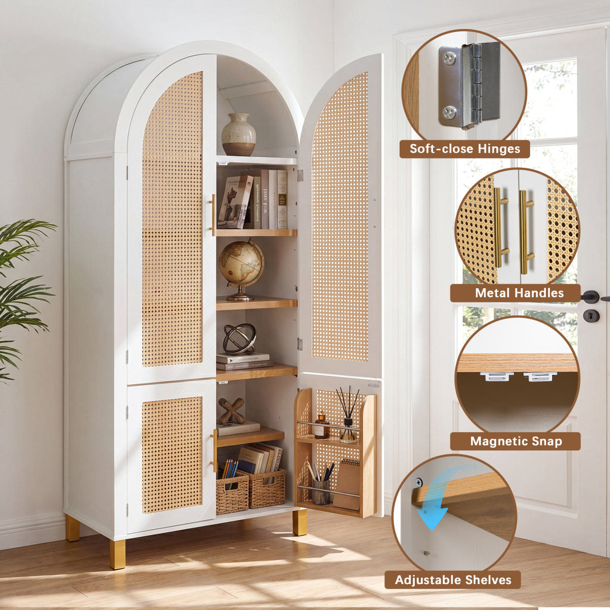 WHITE* Streamdale 71" Arched Rattan Storage Cabinet with Shelves, White