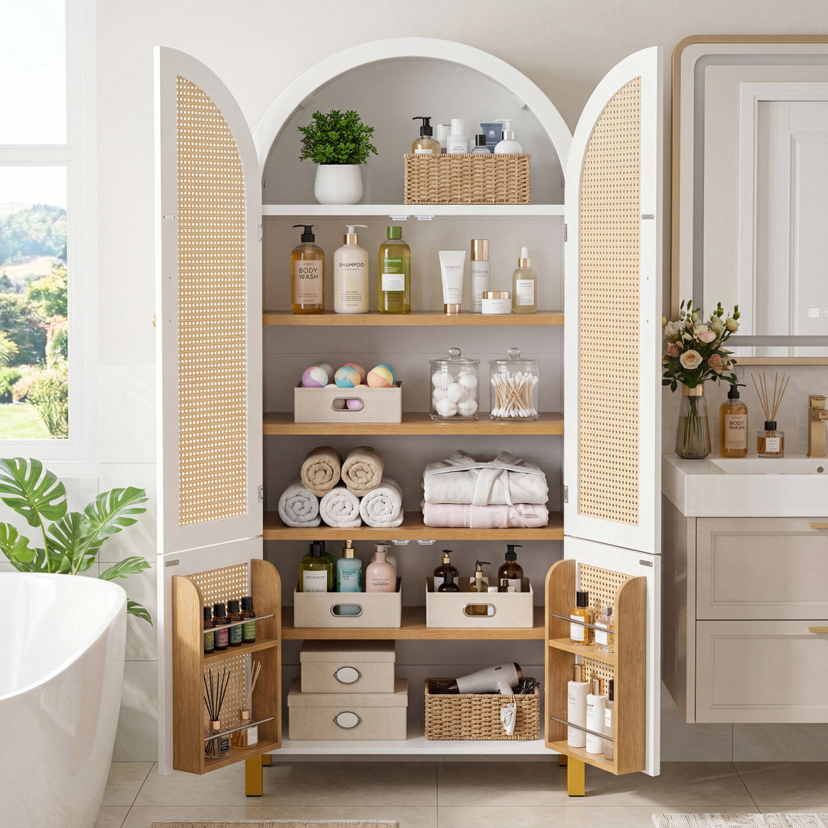 WHITE* Streamdale 71" Arched Rattan Storage Cabinet with Shelves, White