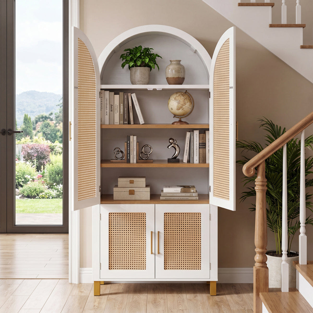 WHITE* Streamdale 71" Arched Rattan Storage Cabinet with Shelves, White