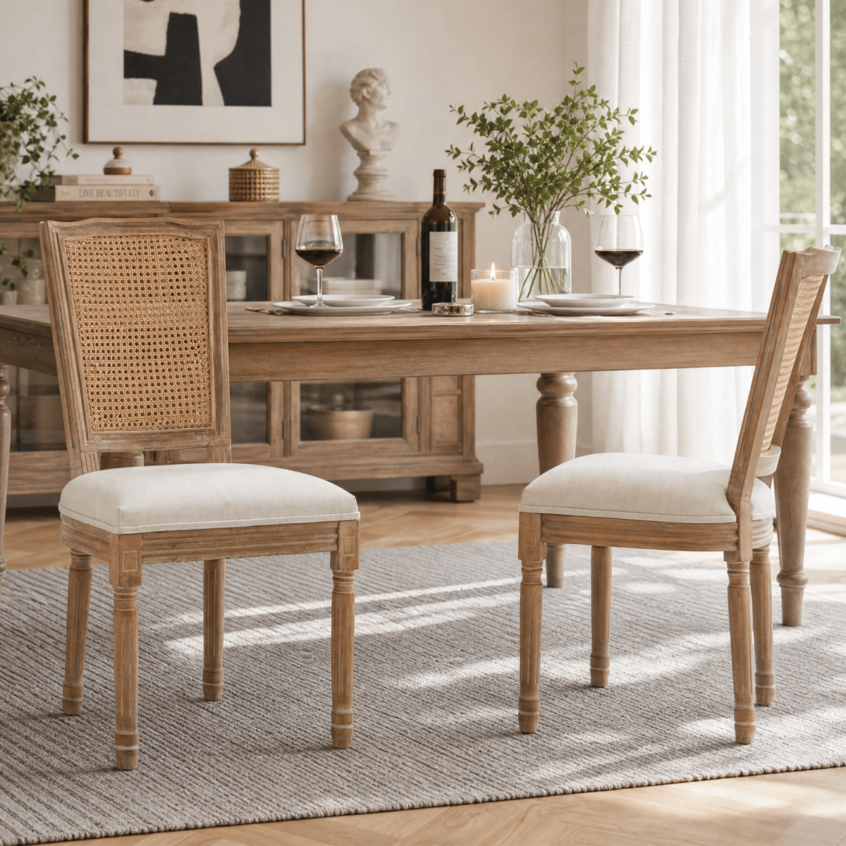 !SOLID Streamdale Farmhouse Solid Wood Dining Chairs, Beige Linen Cushion, Set of 2
