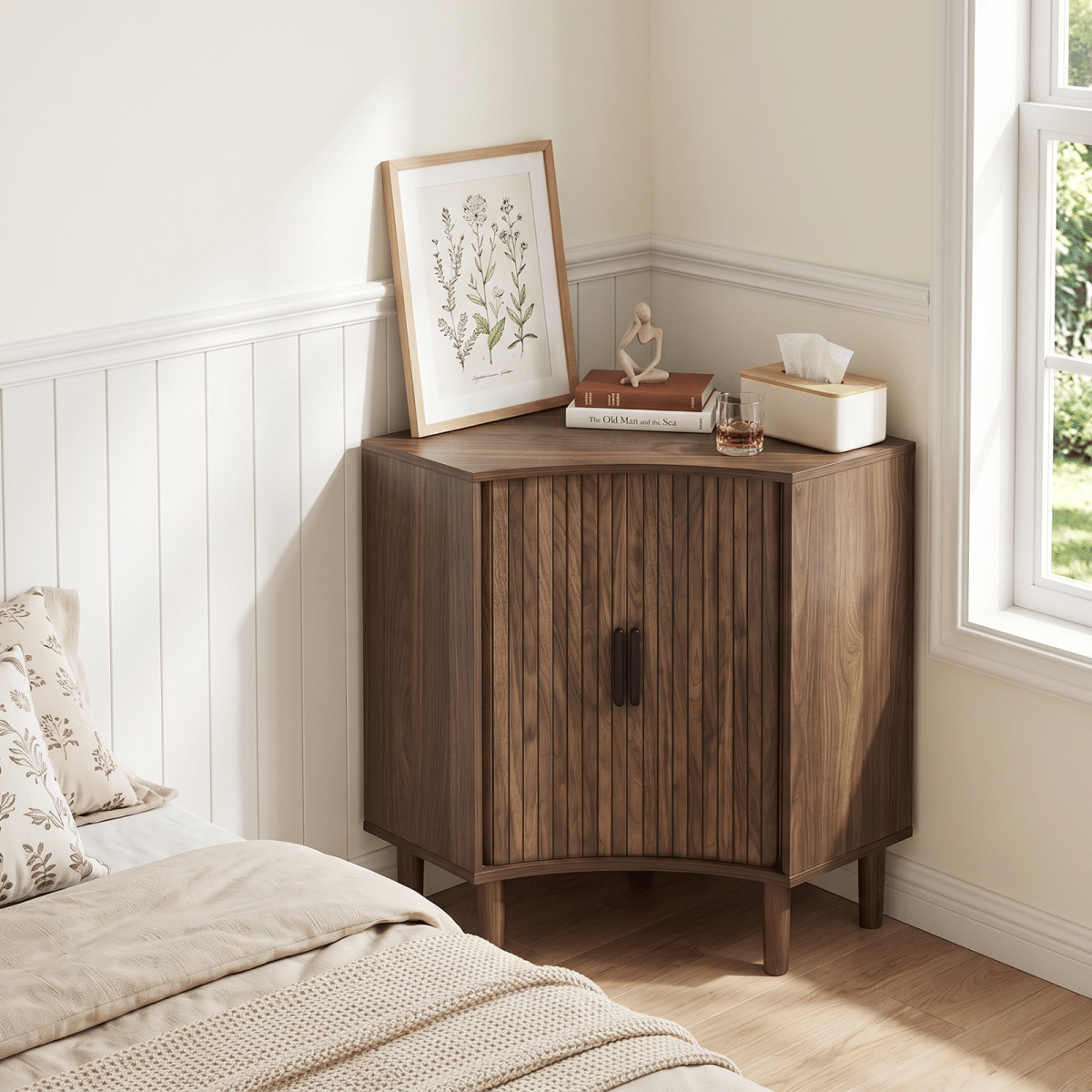 CORNER Streamdale Fluted Corner Cabinet with Sliding Doors and Adjustable Shelves, Walnut
