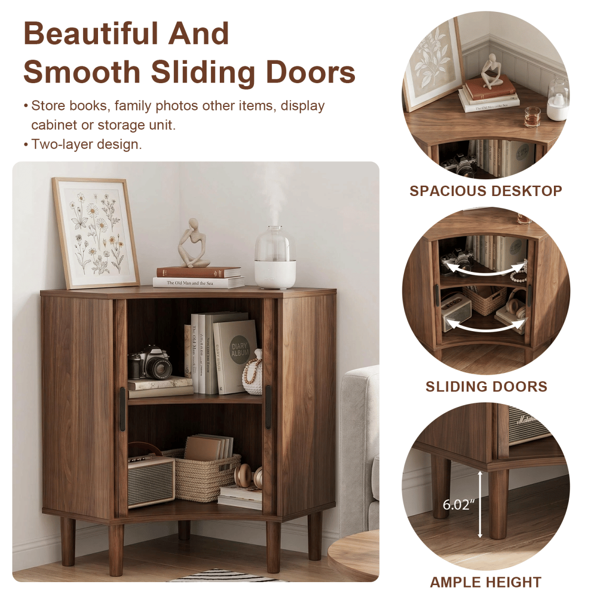 CORNER Streamdale Fluted Corner Cabinet with Sliding Doors and Adjustable Shelves, Walnut