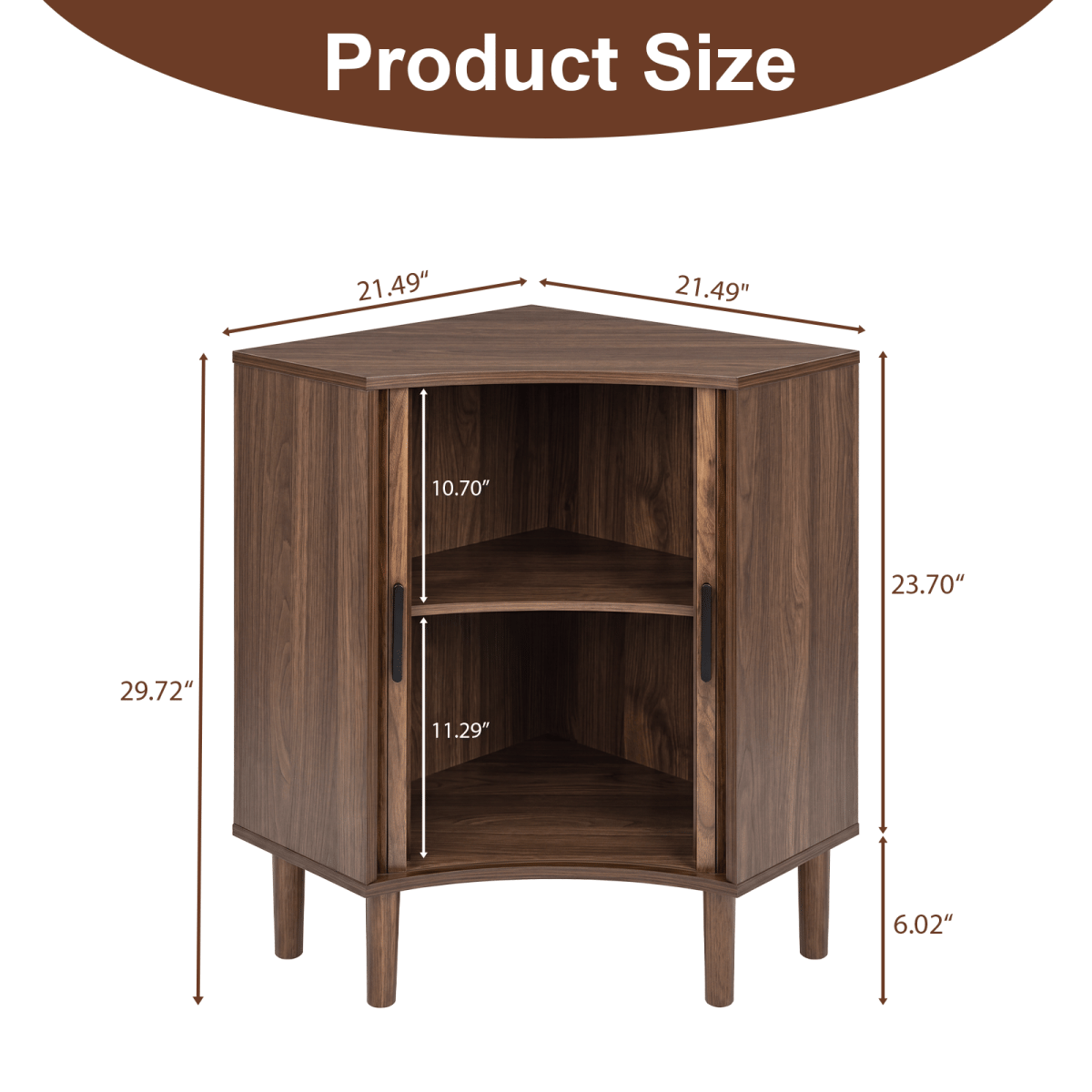 CORNER Streamdale Fluted Corner Cabinet with Sliding Doors and Adjustable Shelves, Walnut