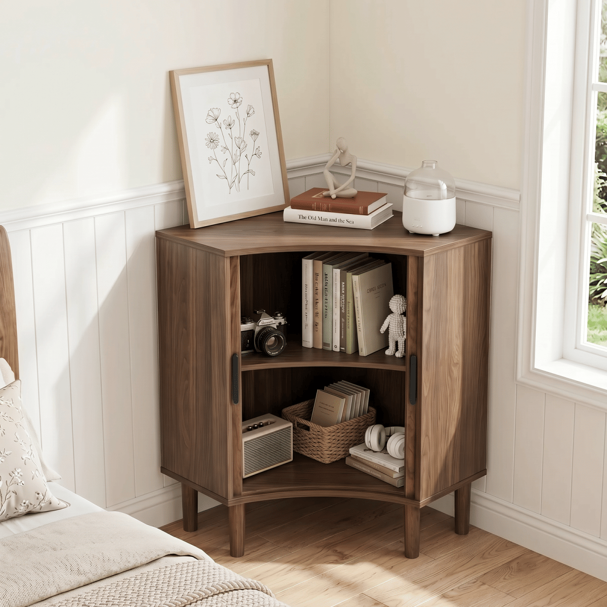 CORNER Streamdale Fluted Corner Cabinet with Sliding Doors and Adjustable Shelves, Walnut