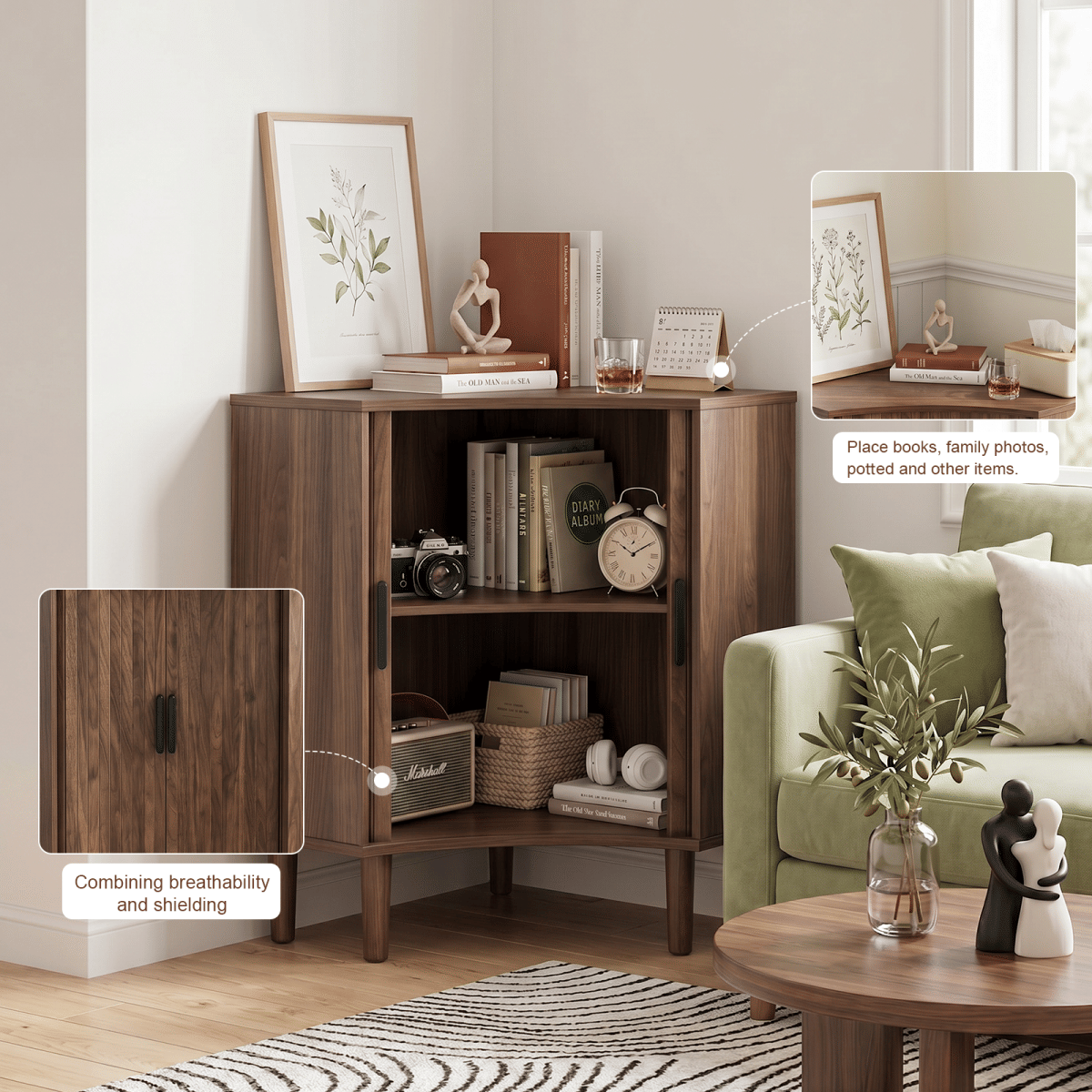 CORNER Streamdale Fluted Corner Cabinet with Sliding Doors and Adjustable Shelves, Walnut