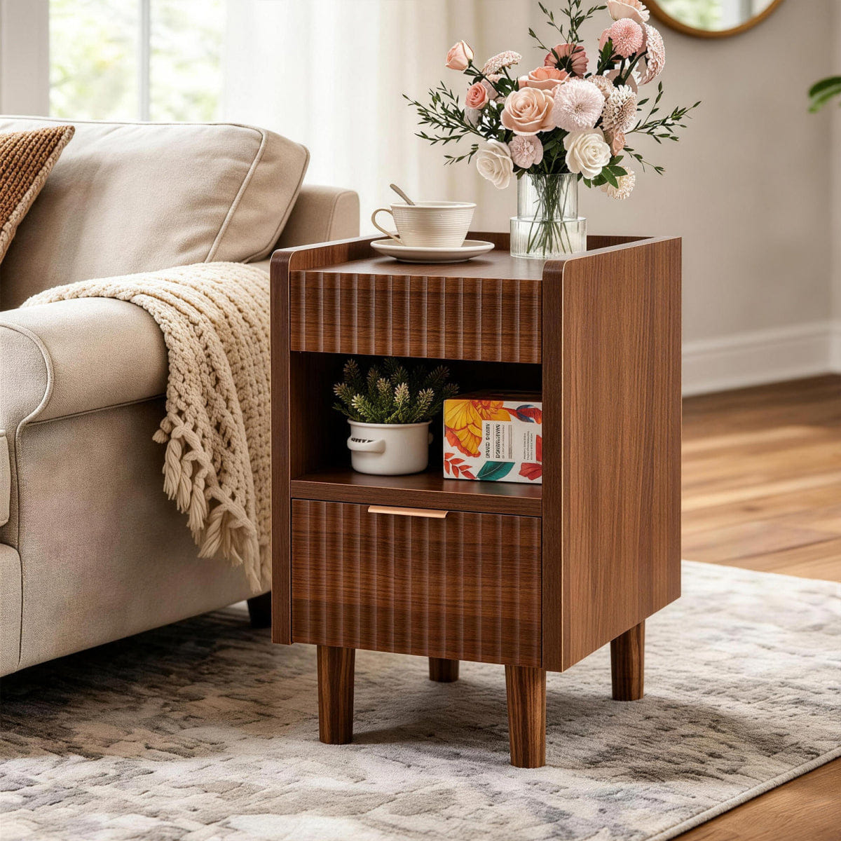 Drawer Streamdale Fluted Wood Nightstands with Drawer, 2 Pack Modern Bedside Tables